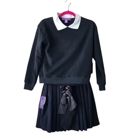 Halloween Costume Girls S (8) Wednesday Adams Goth Shirt Pleated Skirt Scrunchie - Picture 1 of 6